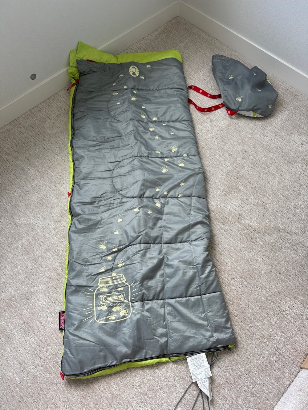 Coleman Gray and Lime Kids Sleeping Bag with Firefly Jar Design